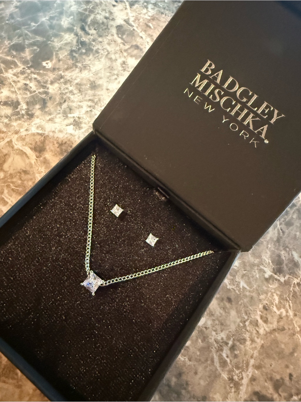 Badgley Mischka Silver Necklace And Square Cubic Zirconia Studs - White